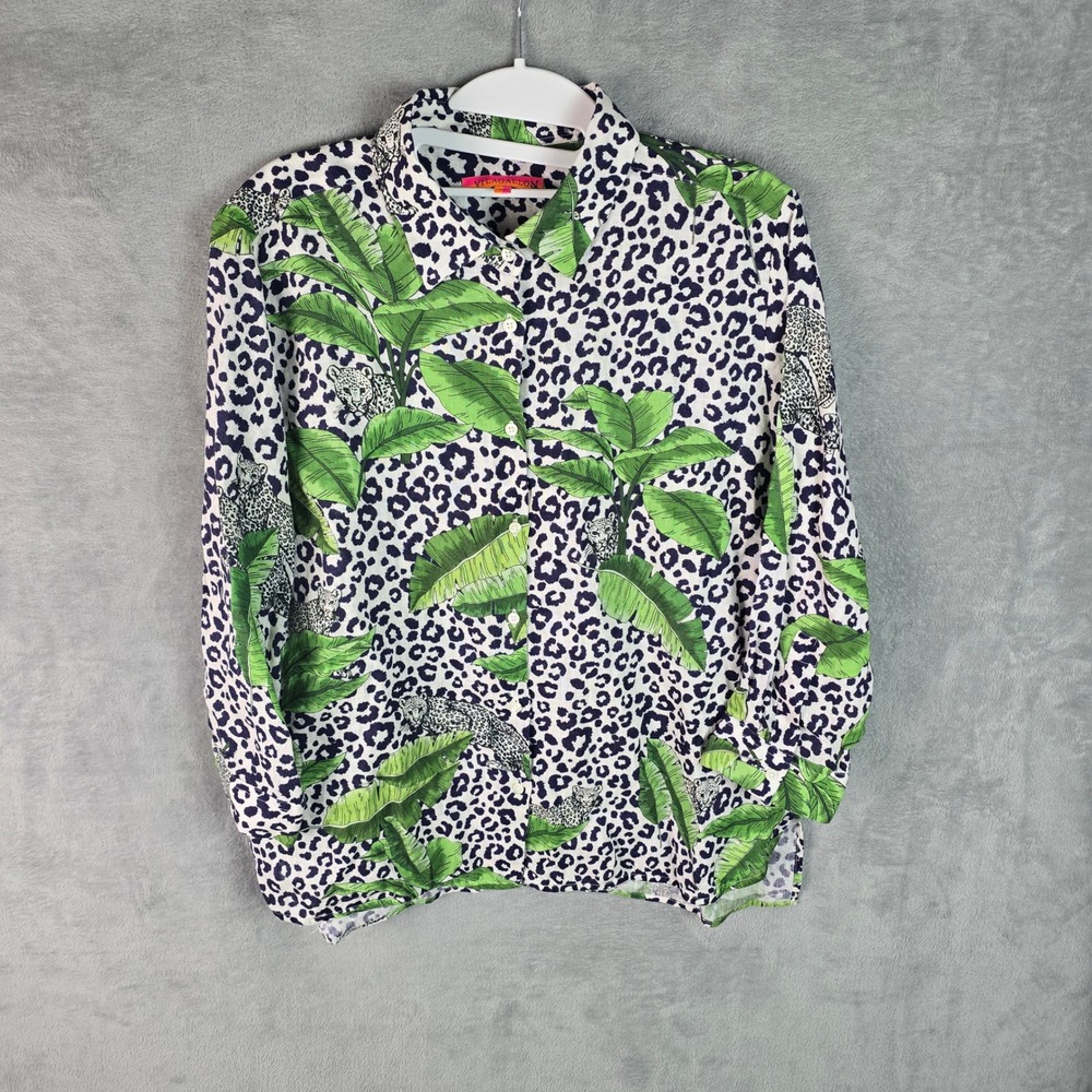 Vilagallo 100% Linen Leopard Tropical Leaf Print Button Down Shirt Size 46